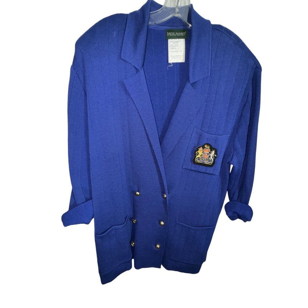 Harvé Benard Vintage Wool Blazer Sweater Blue Medium‎ Embroidered Crest College